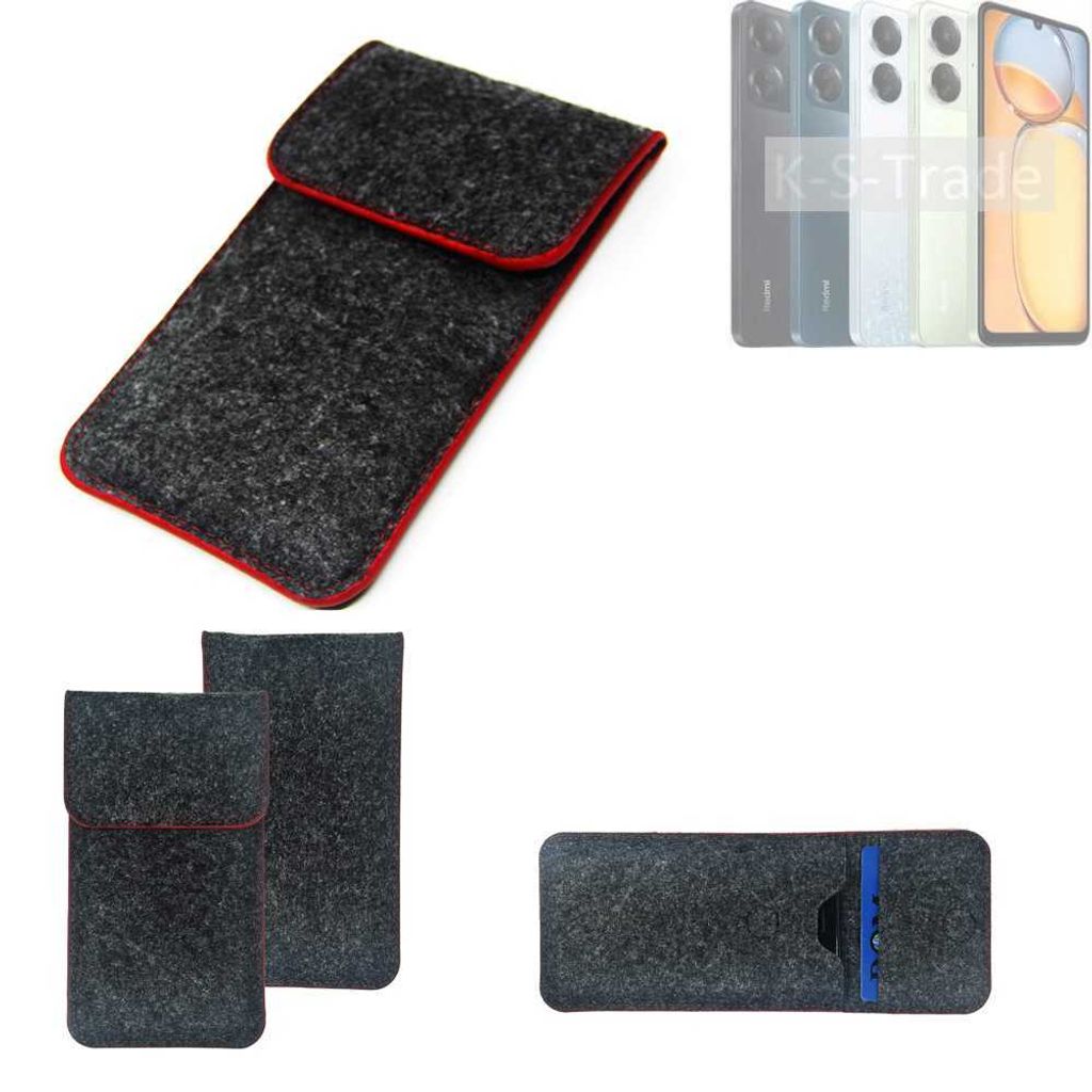 K-S-Trade Handy Schutz Hülle kompatibel mit Xiaomi Redmi 13C Schutzhülle Handyhülle Filztasche Pouch Tasche Case Sleeve Filzhülle dunkelgrau roter