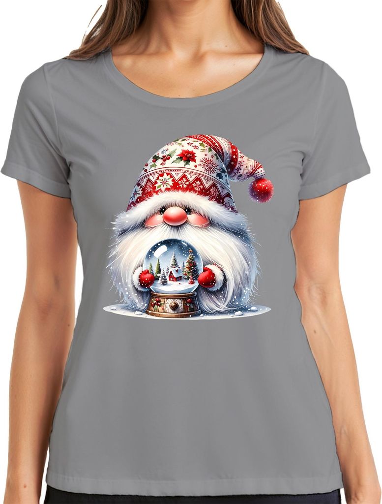 Süßer Weihnachtsmann mit Schneekugel und festlichem Hut Zwerg Damen T-Shirt, Grau, S