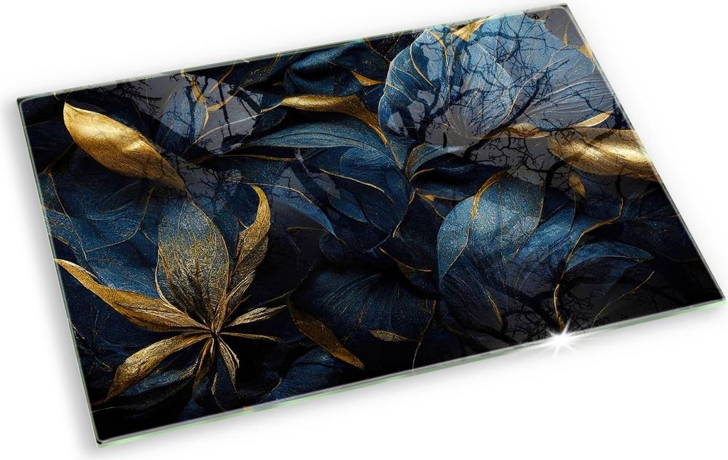 Glasplatte für Grabkerzen Gummifüße Glas Motiv - 80x52 cm - Dekorative Blätter mit Gold