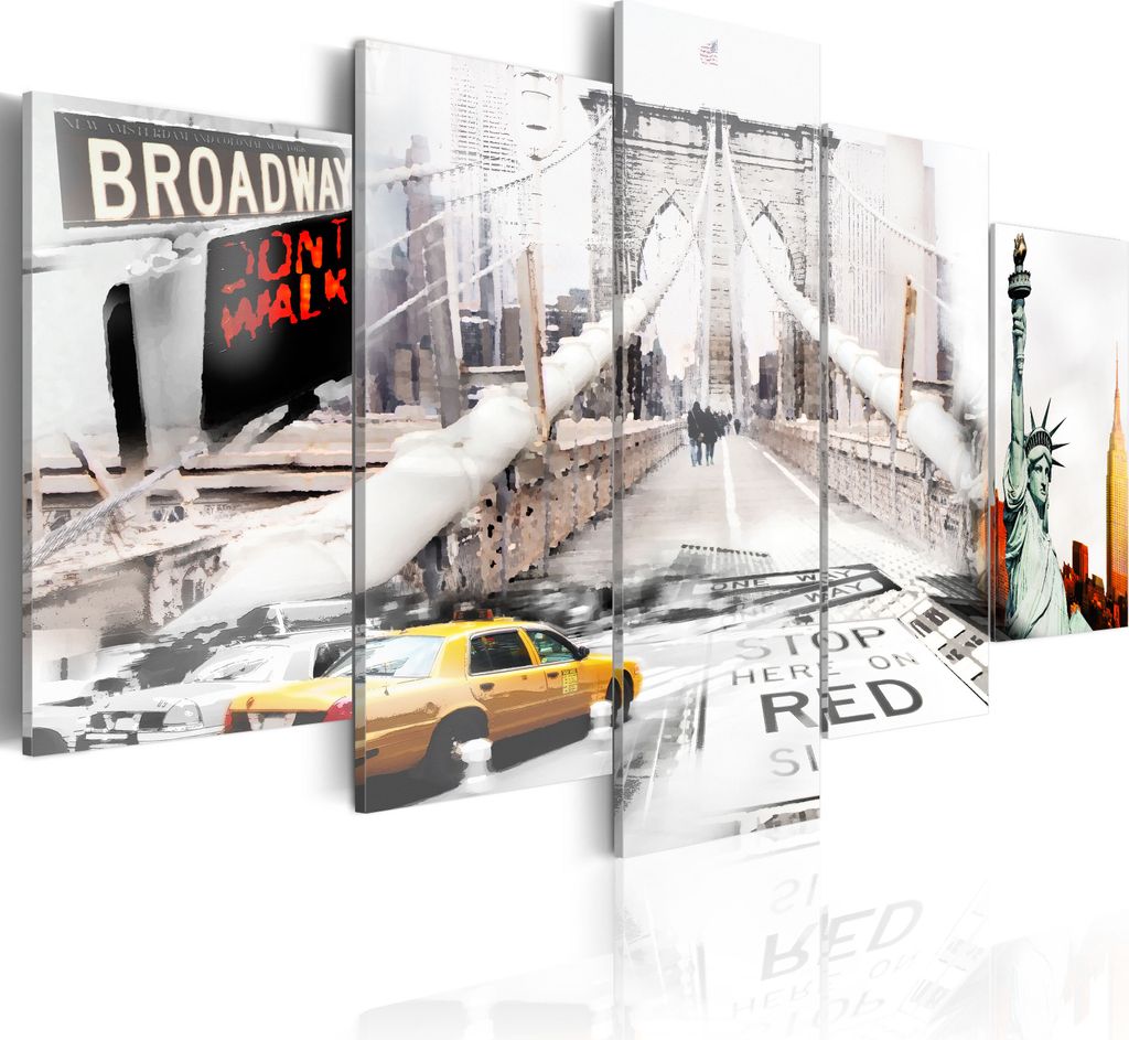 Leinwandbilder New York 200x100 cm Vlies Leinwandbild 5 tlg Kunstdruck modern Wandbilder XXL Wanddekoration Design Wand Bild - Broadway City Statue...