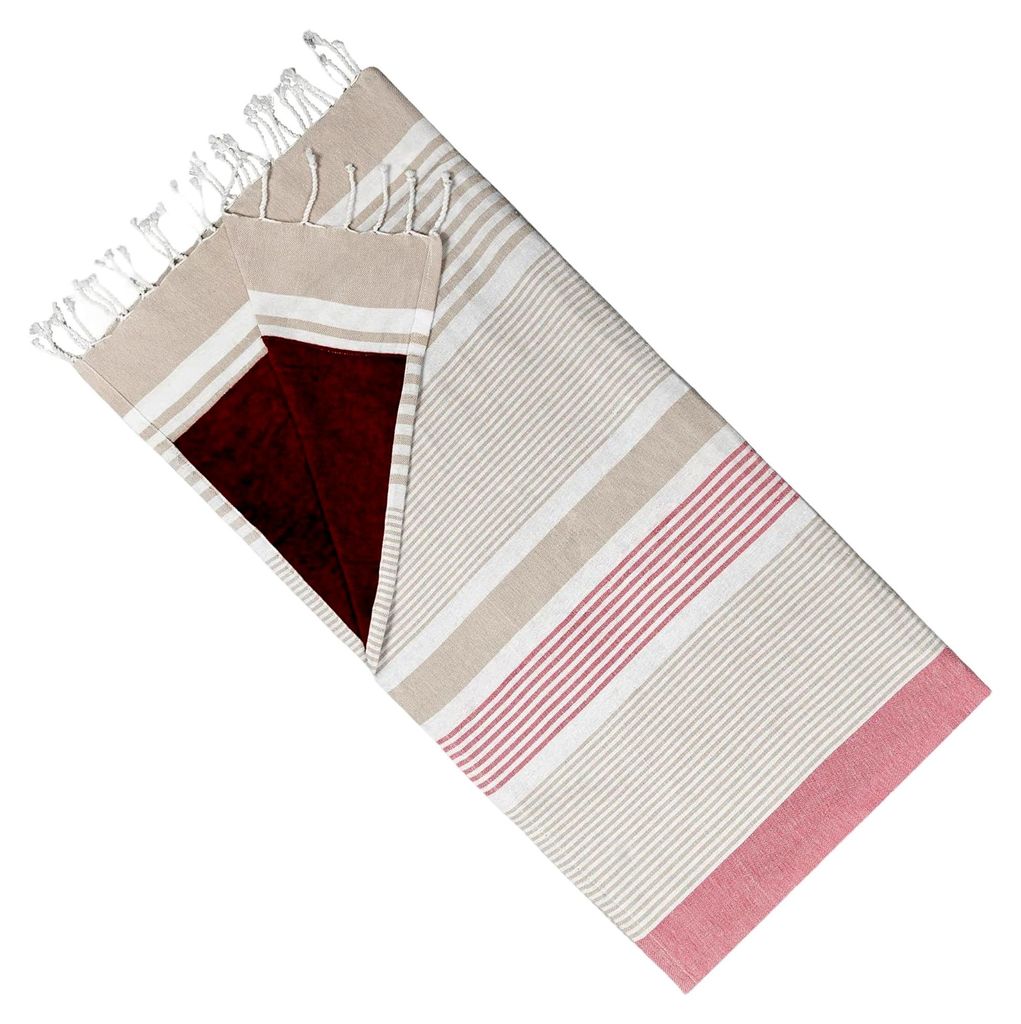 Hamamtuch Doppelseitiges Kikoy-Tuch & Frottee - 100% Baumwolle - 95 x 175 cm - Beige-burgundy