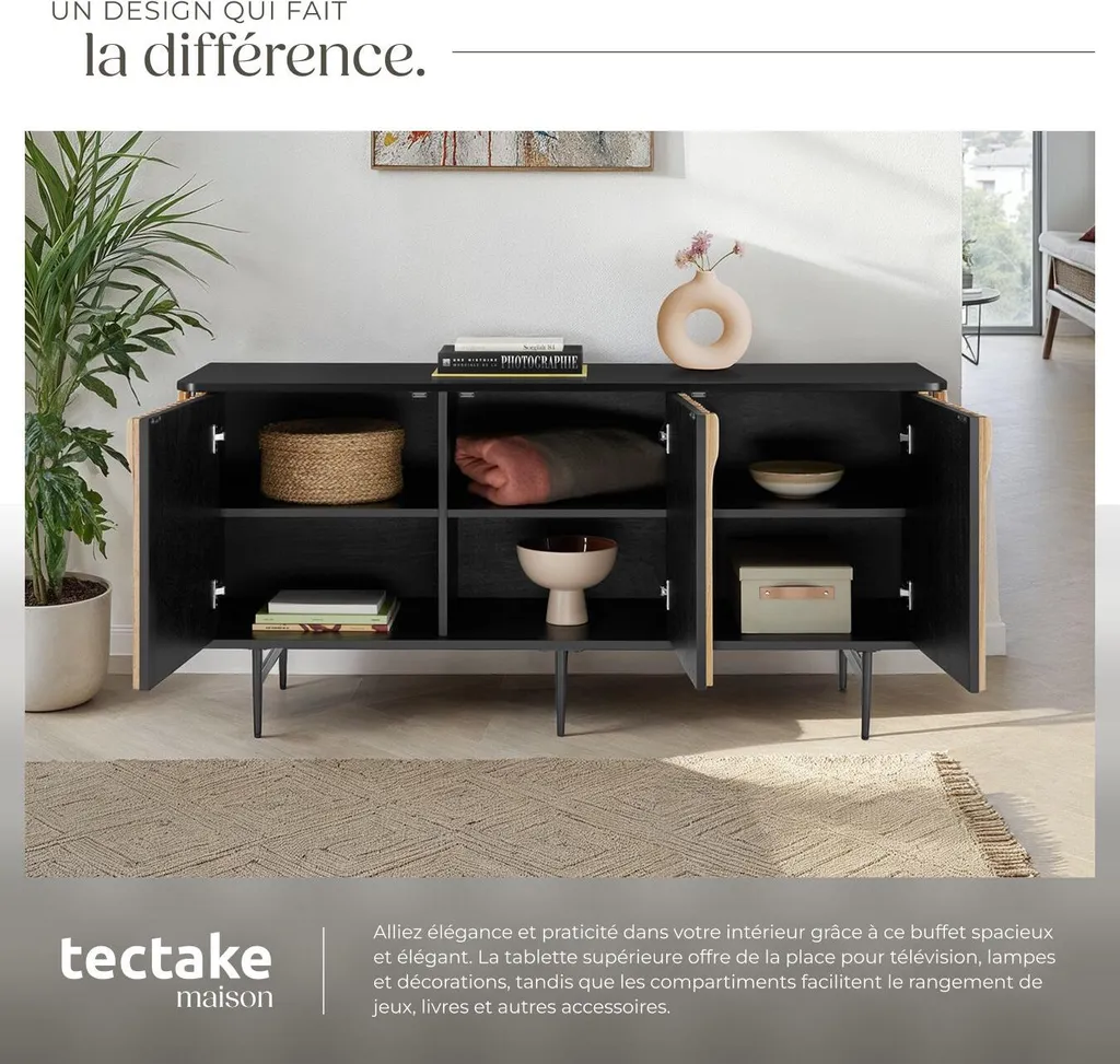 Buffet LINEO noir et marron avec compartiments de rangement design - 4