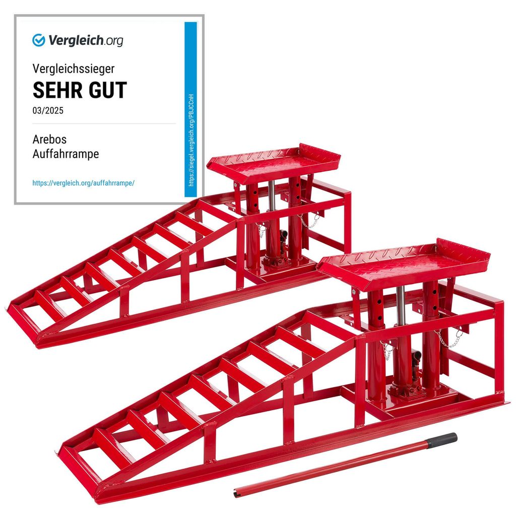 AREBOS 2x Auffahrrampe mit hydraulischem Wagenheber, XXL PKW Hebebühne, 245 mm Auffahrbreite