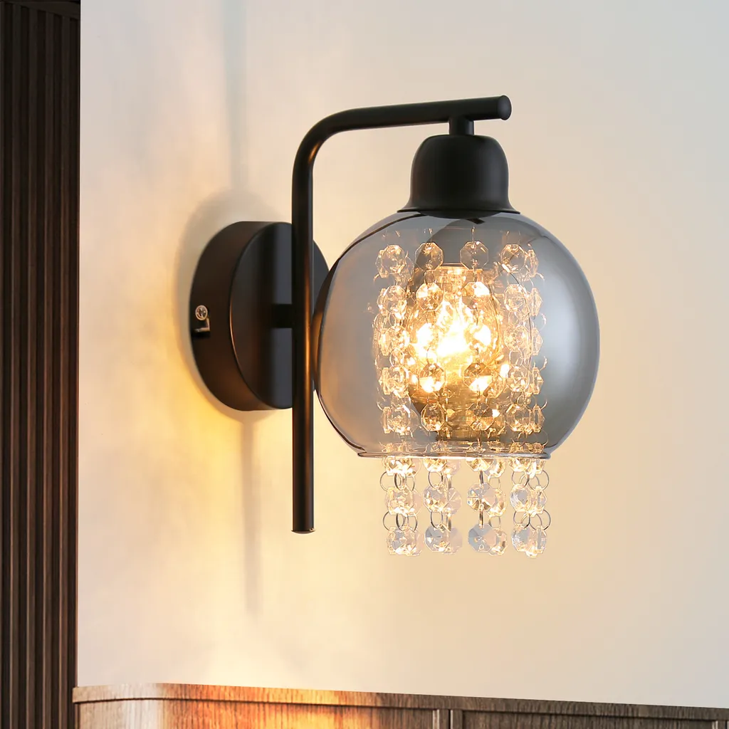 Lampe Murale Design Cristal avec Globe en Verre Gris Fumé Douille E27