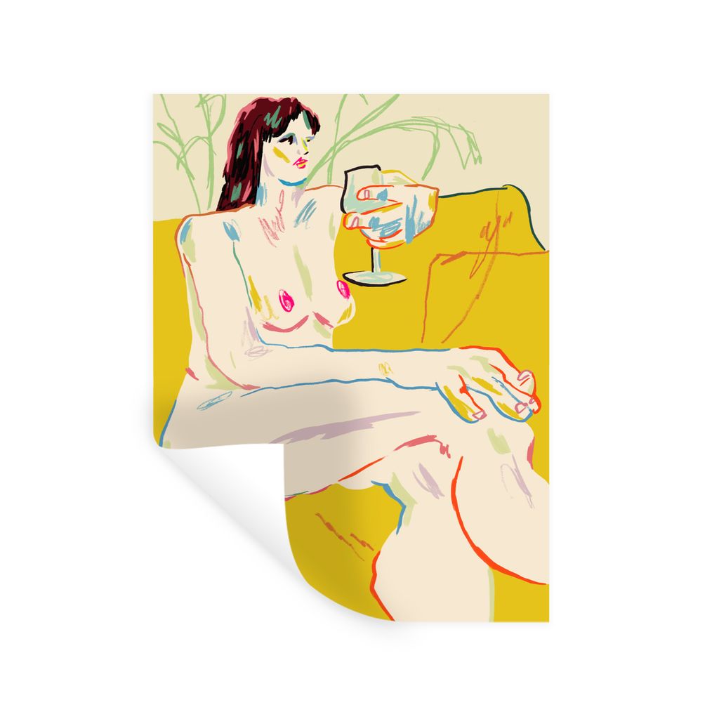 MuchoWow Wandtattoo Wandsticker Wandaufkleber Frau - Kunst - Weinglas - Gelb 30x40 cm Selbstklebend und Repositionierbar - Sticker - Dekorfolie