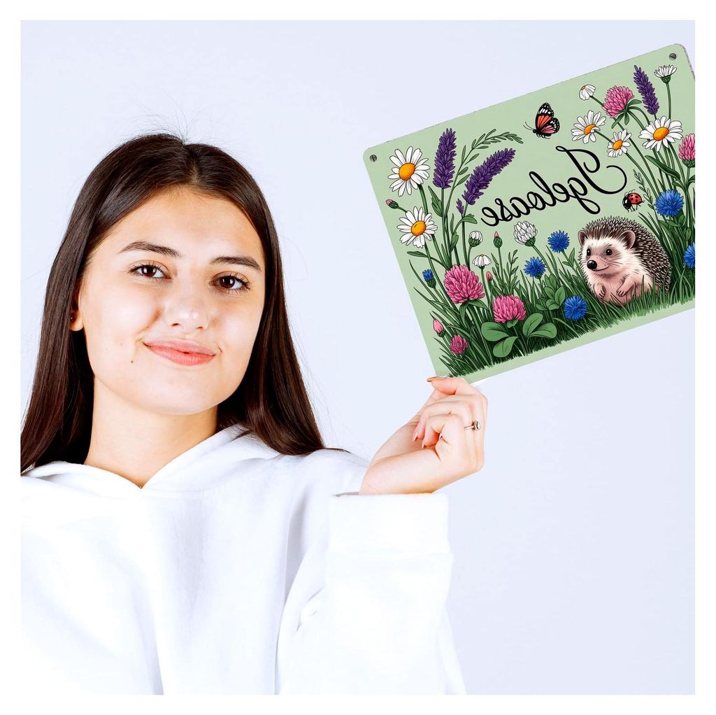 Metallschild mit Igel auf Wildblumen XL 21x28 cm für Gartenfreunde