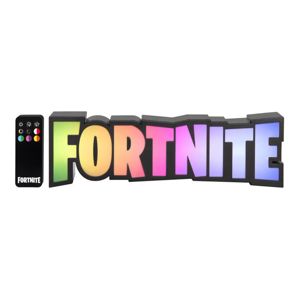 A Fortnite RGB logo lamp and its remote control are displayed against a white background.