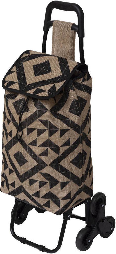A shopping trolley with a geometric pattern.
