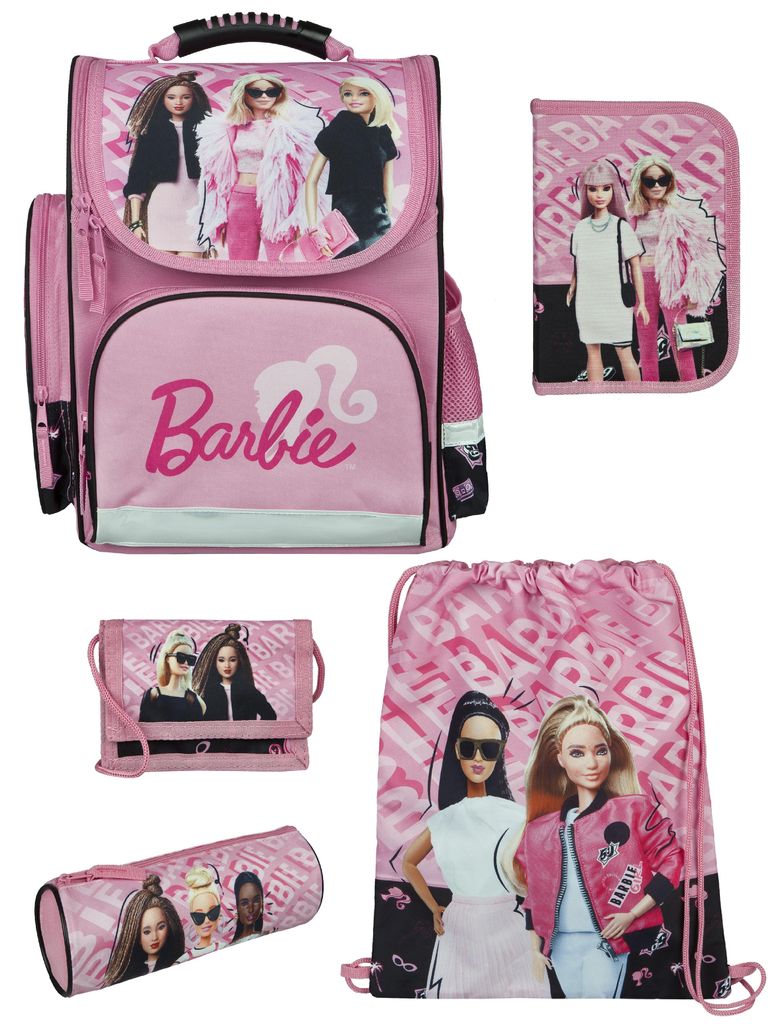 Mädchen Schulranzen 1. Klasse in Rosa mit Barbie Motiv 5 tlg. Schultaschen Set mit Federmäppchen