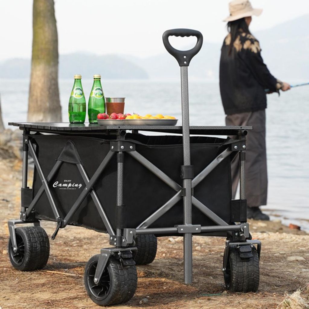 Großer Strandwagen mit Tankrädern, 360°Drehung, Doppelbremse, großer Kapazität, faltbar, ideal für Garten, Outdoor, Camping, Picknick und Strand