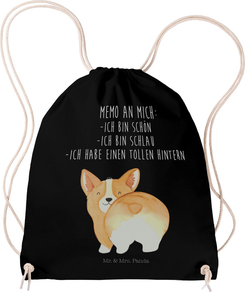 Mr. & Mrs. Panda Jutebeutel Corgi Po - Schwarz - Geschenk, Drawstring Bag, Stoffbeutel, Spruch, Positiv, Süß, wander rucksack, Sprüche, Beutel, ...