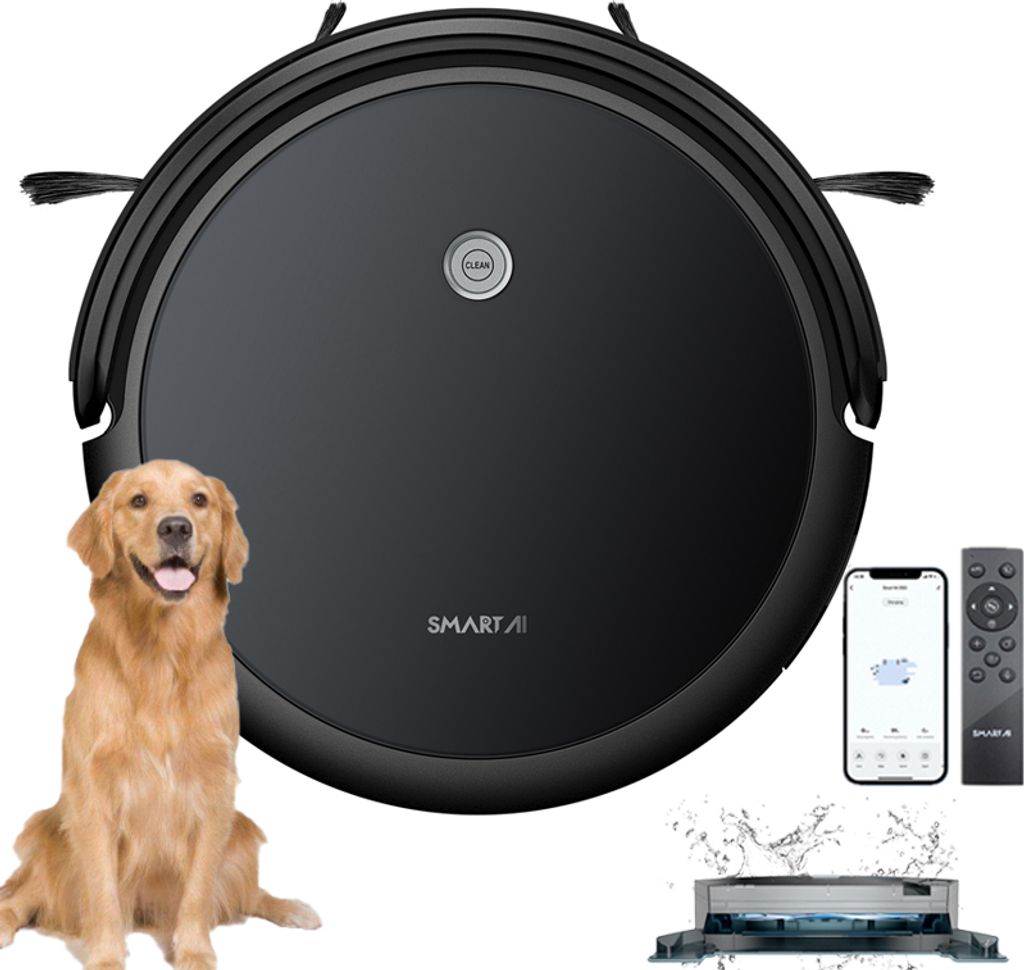 A black robot vacuum cleaner is shown with a golden retriever dog sitting next to it. A smartphone displaying a cleaning app and a remote control are also visible, along with a close-up of the vacuum's mopping attachment.