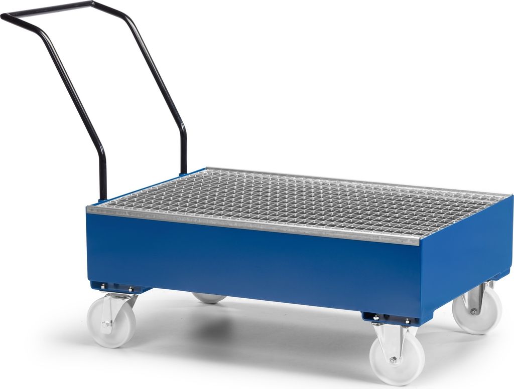 RR Industrietechnik Fahrbare Auffangwanne aus Stahl für 2x 200 Liter Fass mit Gitterrost RAL 5010 enzianblau