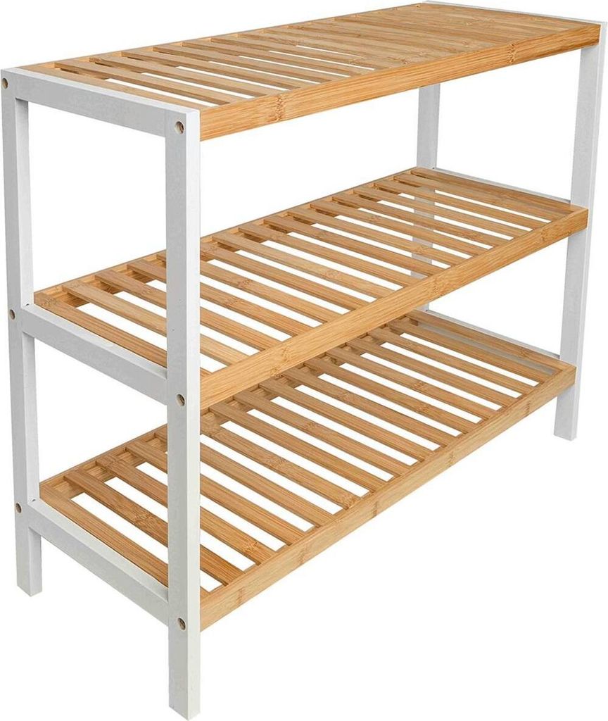 A three-tiered bamboo shoe rack with white frame, shown against a white background.