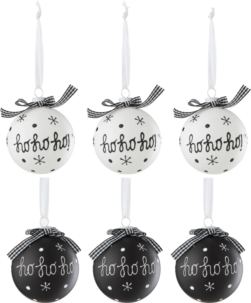 J-Line Boîte de 6 Boules de Noël en Verre Hoho et Flocons Noir et Blanc
