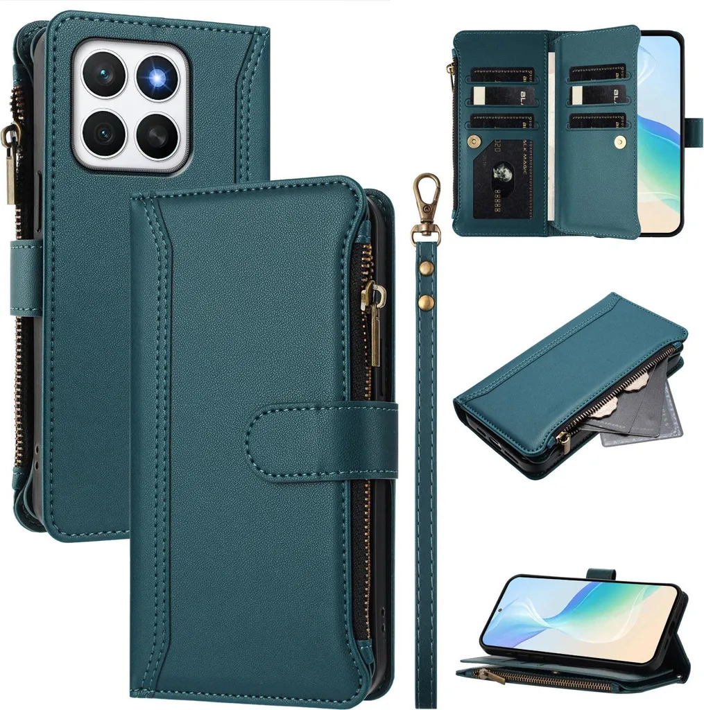 Custodia per Honor X8C, con cerniera, portafoglio in Finto cuoio con tasche per carte, supporto e passante per la mano verde