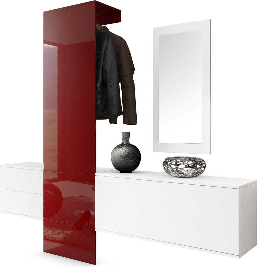 Vladon Garderobe Wandgarderobe Carlton Set 1, Germany, Korpus in Weiß matt / Paneel in Bordeaux Hochglanz