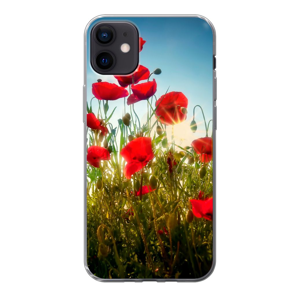 MuchoWow Handyhülle Schutzhülle Hülle für iPhone 12 mini Mohnblumen - Toskana - Sonne - Rot - Blau Silikon Softcase Handy Hülle - Bild