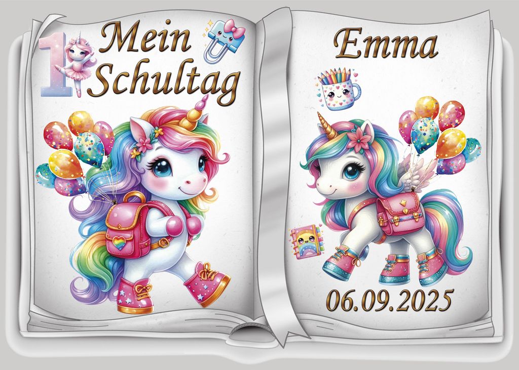 Tortenaufleger Tortendeko Fototorte Tortenbild Einhorn Regenbogen Einschulung Schulanfang 1. Schultag Schuleinführung SE07 (Zuckerpapier) DIN A5 o...