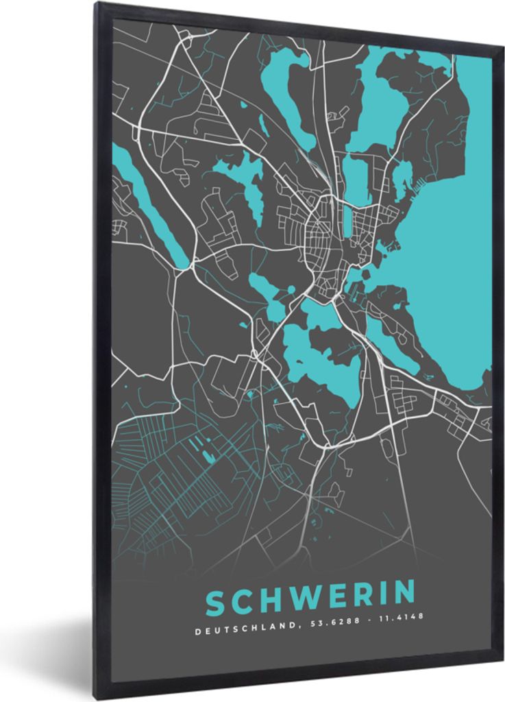MuchoWow Gerahmtes Poster Deutschland - Blau - Schwerin - Stadtplan - Karte 40x60 cm - Poster mit Schwarzem Bilderrahmen Wandposter Rahmen Foto B...