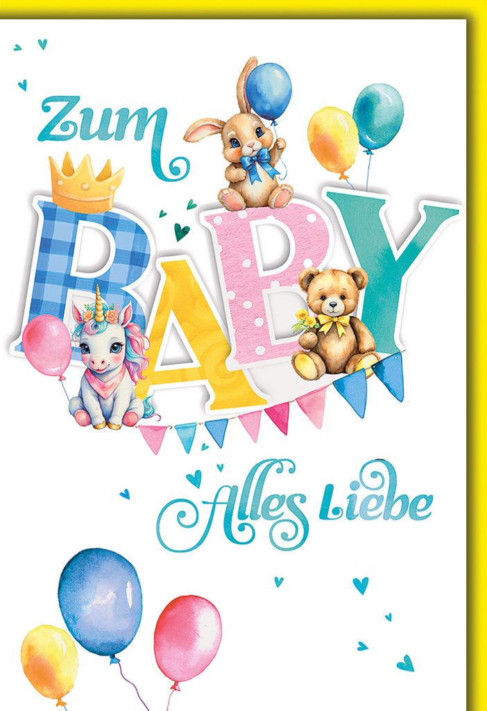 Baby Tiere mit Luftballons Geburt alles Liebe Glückwunschkarte mit Umschlag