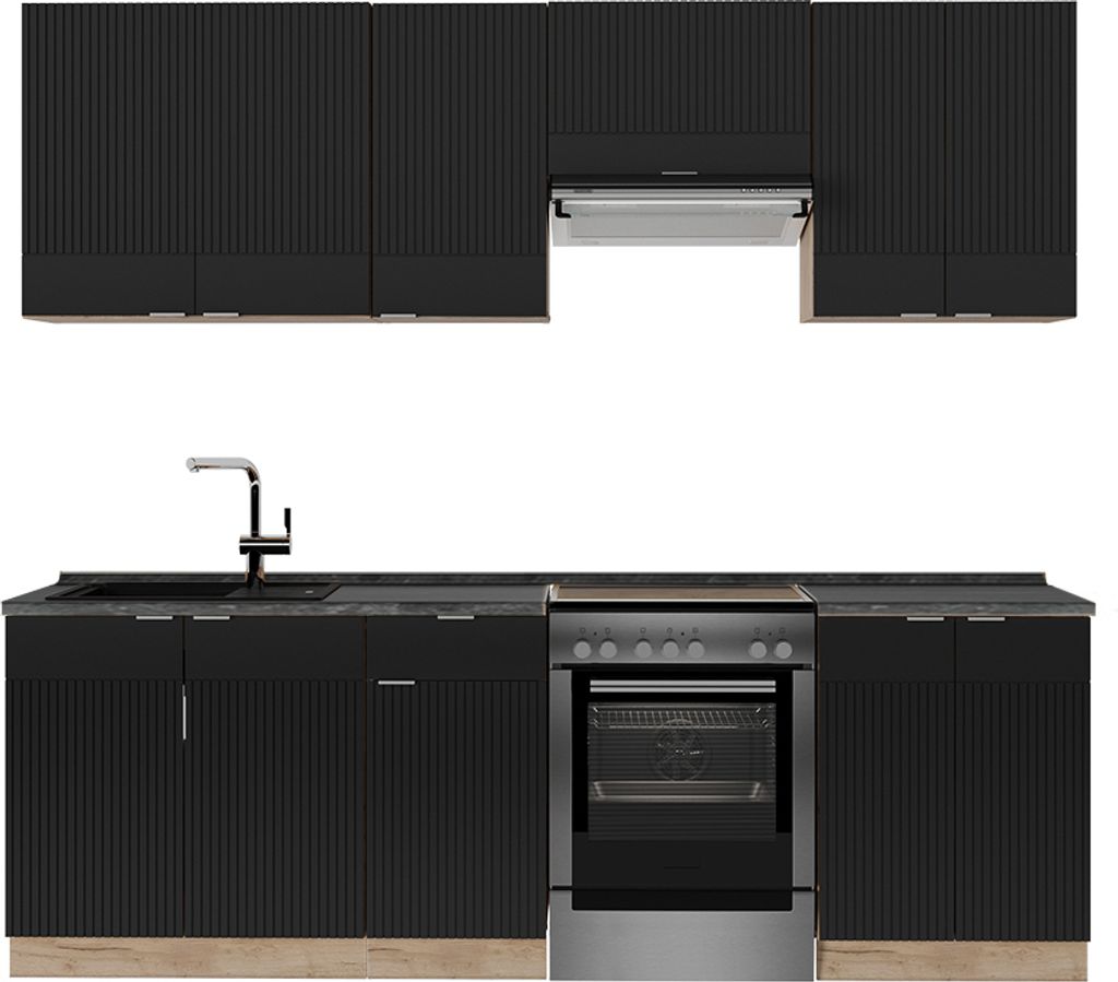 Küchenzeile Vicco Fame-Line Schwarz gestreift/Goldkraft Eiche 240 cm , AP Anthrazit, Model 51059