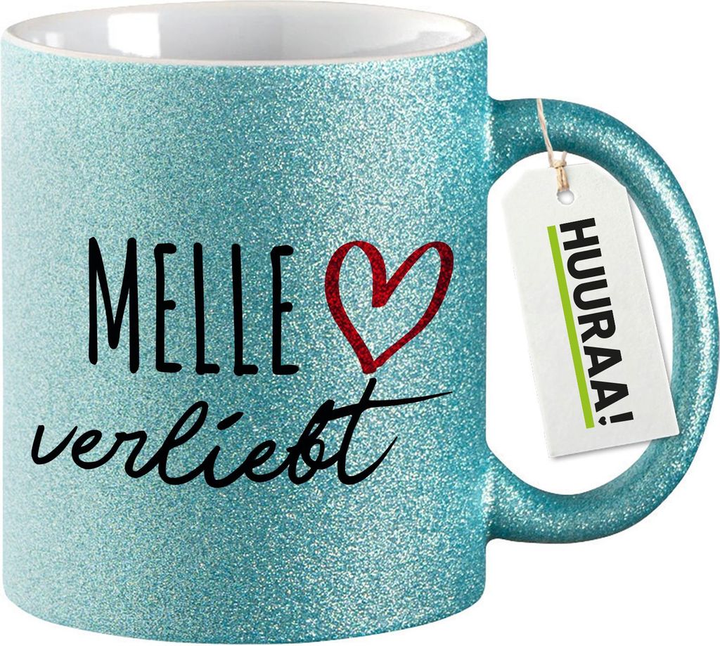 Huuraa Glitzertasse Melle verliebt 330ml Blau Keramik Kaffeebecher Geschenkidee