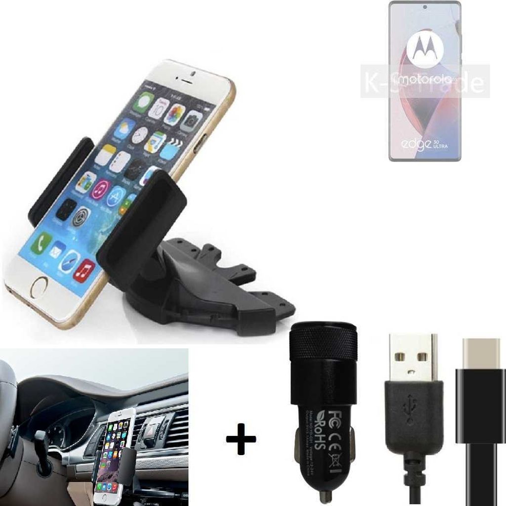 K-S-Trade CD Schlitz Handy-Halterung kompatibel mit Motorola Edge 30 Ultra Autohalterung KFZ-Halter Radio Handy Halterung 360° drehbar CD-Schacht
