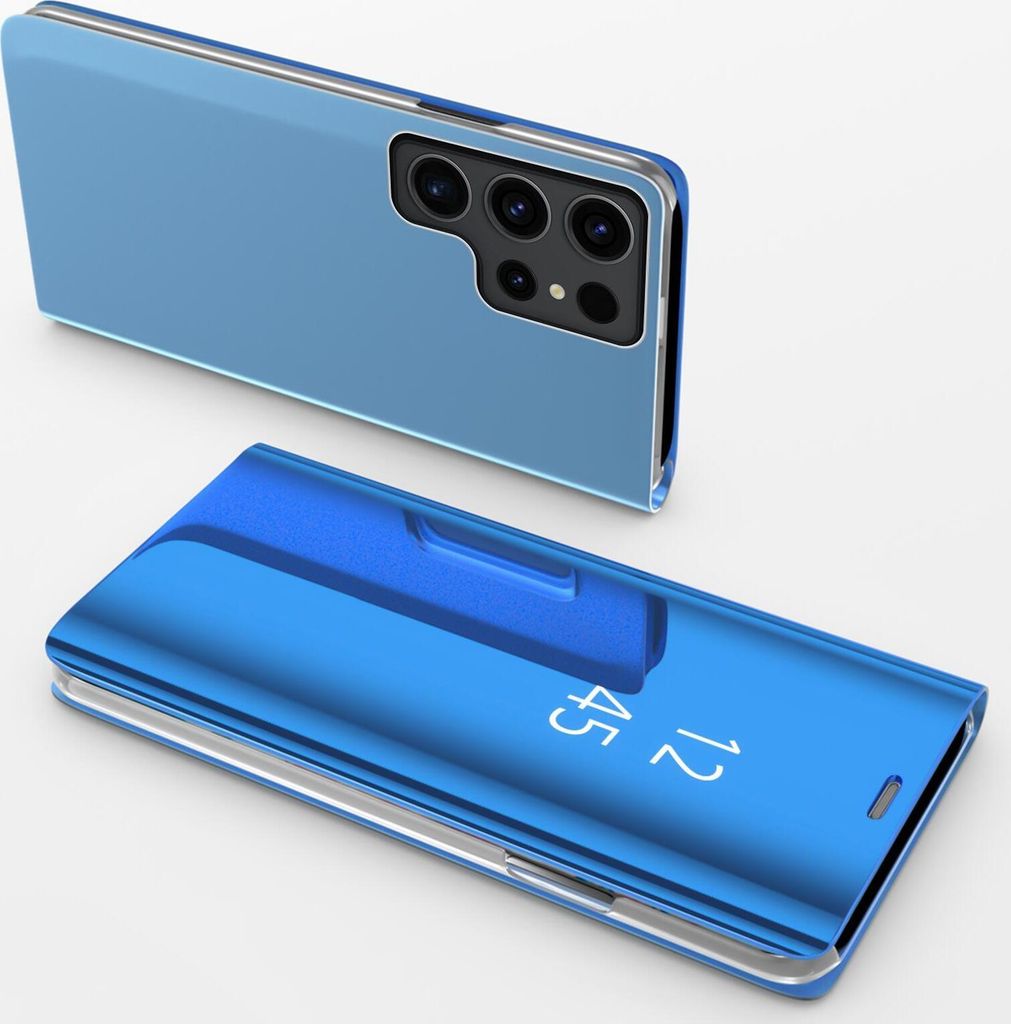 A blue smartphone case with a clear view flip cover is shown next to a blue smartphone.