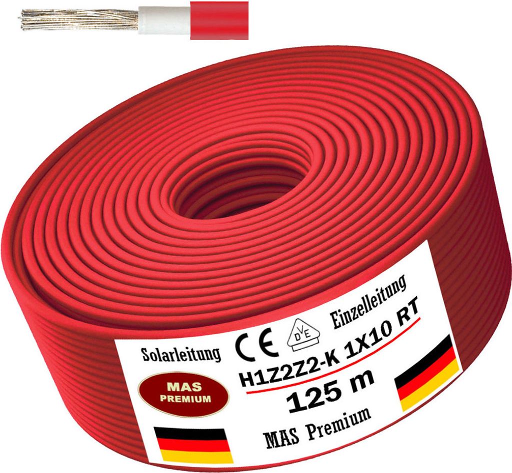 125m Solarleitung Solarkabel H1Z2Z2-K 10 mm² Rot Photovoltaik Halogenfrei