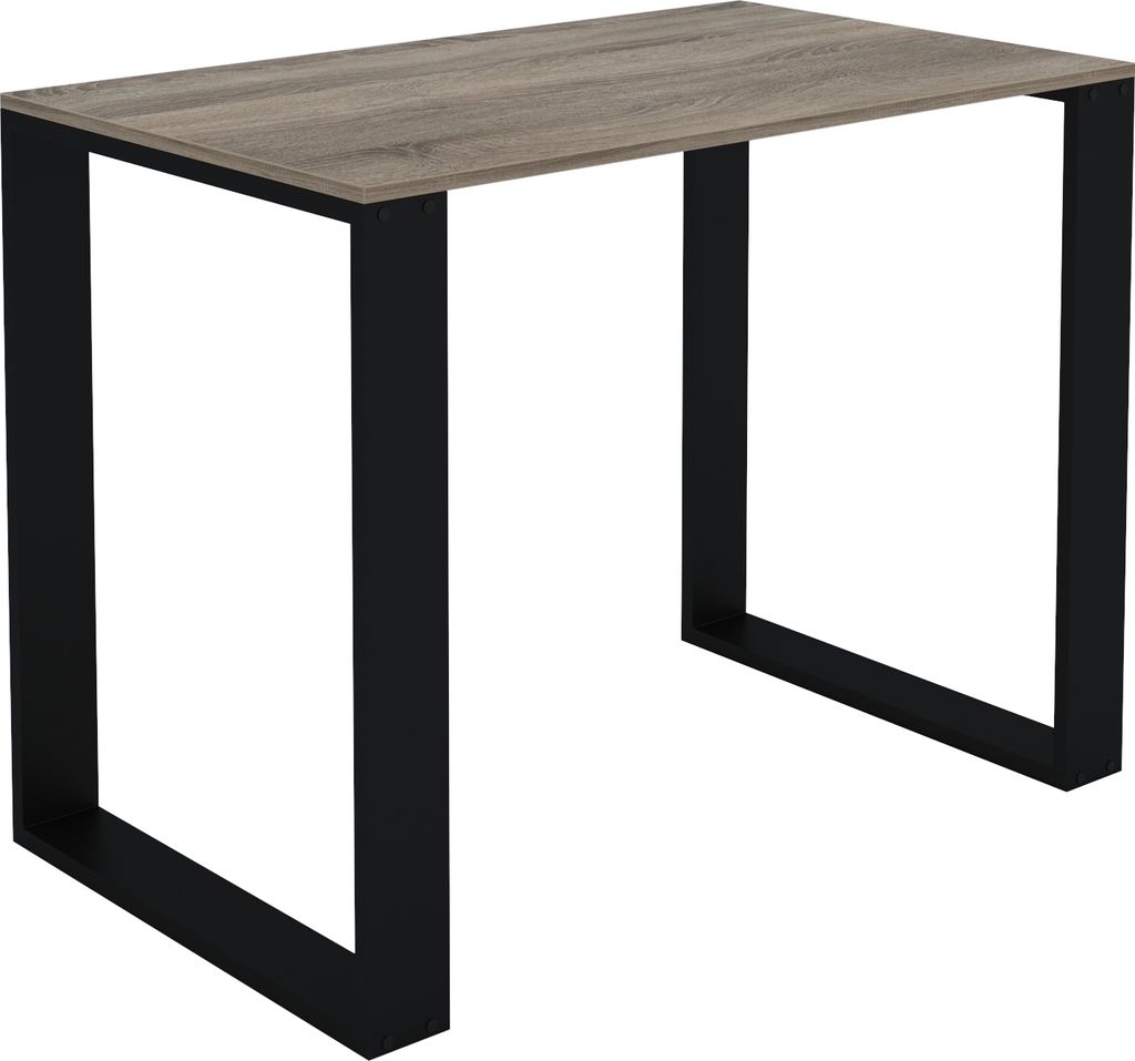 A table with a wooden top and black legs, isolated on a white background.