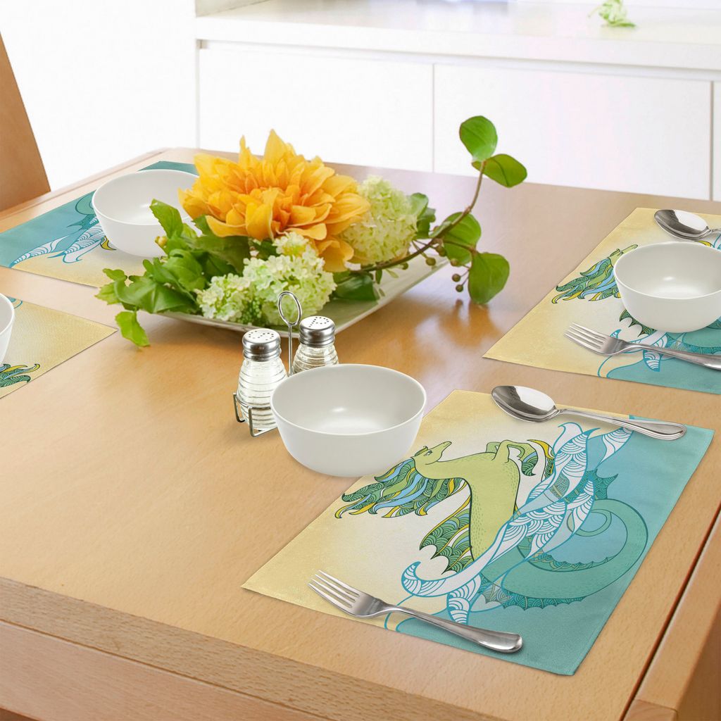 ABAKUHAUS Tier Platzmatten, Japanische mythologische Hippocampus-Statuen-Flosse in der Wasser-Wellen-legendären Grafik, Tiscjdeco aus Farbfesten S...