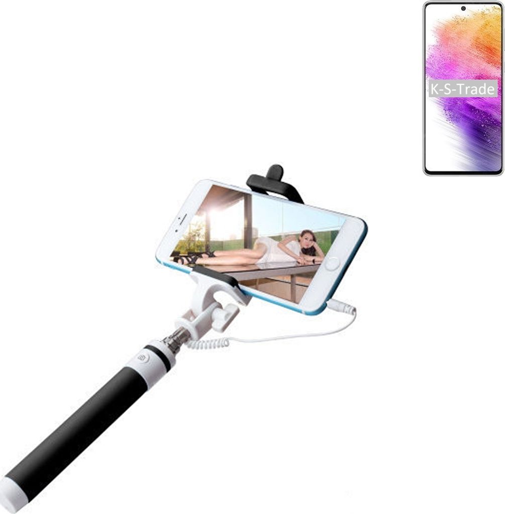 K-S-Trade Selfie Stick kompatibel mit Samsung Galaxy A73 5G Selfiestick kabelgebunden Monopod mit Kabel Stab Stange Selfportrait Handheldstick
