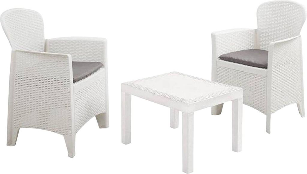 A white wicker-style garden set consisting of a coffee table and two armchairs with gray cushions, set against a white background.