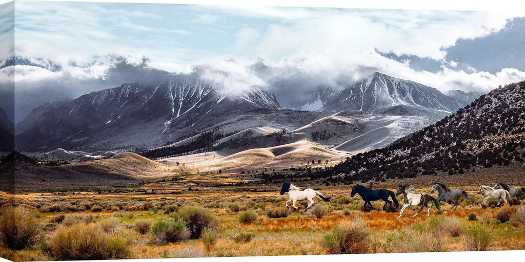 Grand tableau déco salon chevaux sauvages et paysage Lake Mono 140x70