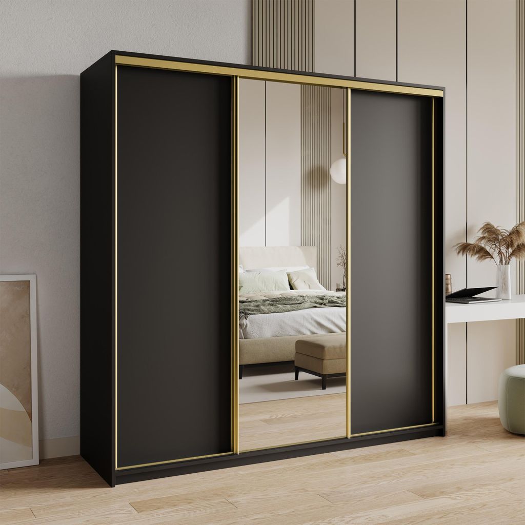 Masseno Schiebetürenschrank TAVI 180/205/60 cm Kleiderschrank mit 4 Schubladen Schlafzimmer Schrank 3-türig mit Spiegel Schwarz