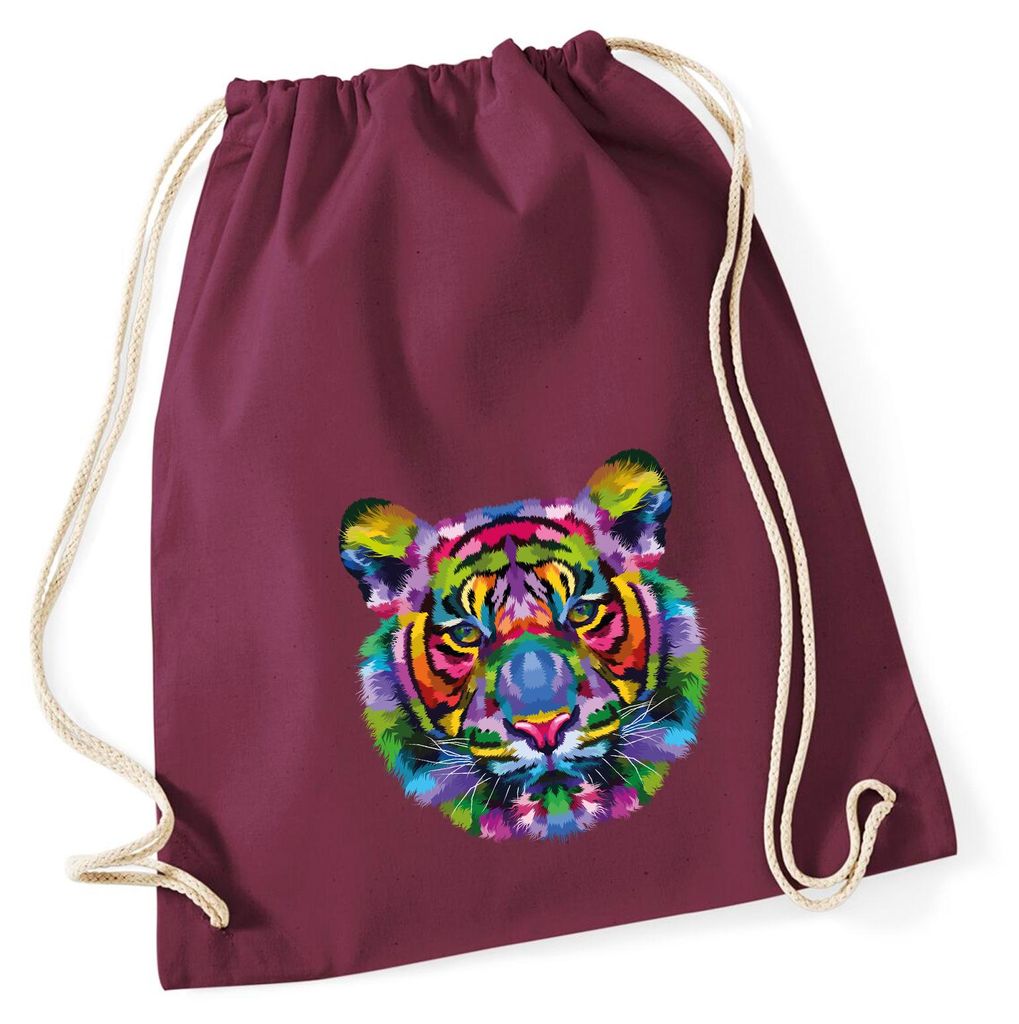 Huuraa Turnbeutel Tiger Kopf Colorful 12 Liter Burgundy Baumwolle Rucksack Geschenkidee