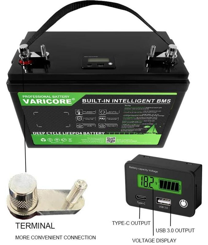 LiFePO4 Lithium-Eisenphosphat Batterie - 12V 180Ah USB 3.0 Akku - Deep Cycle - Für Solar Inselanlage und Wechselrichter - Wohnmobil Boot ATV Golfcart