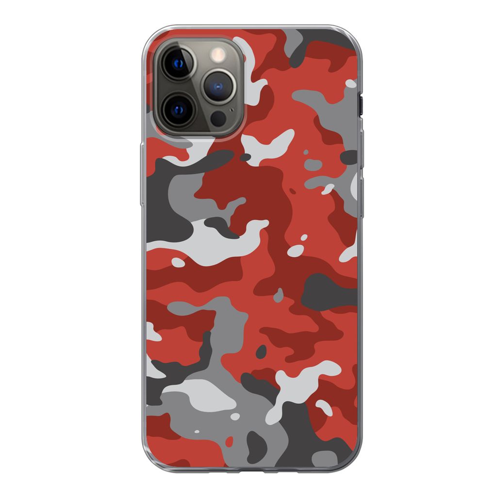 MuchoWow Handyhülle Schutzhülle Hülle für iPhone 12 Pro Rot mit grauem Camouflage-Muster Silikon Softcase Handy Hülle - Abdeckung