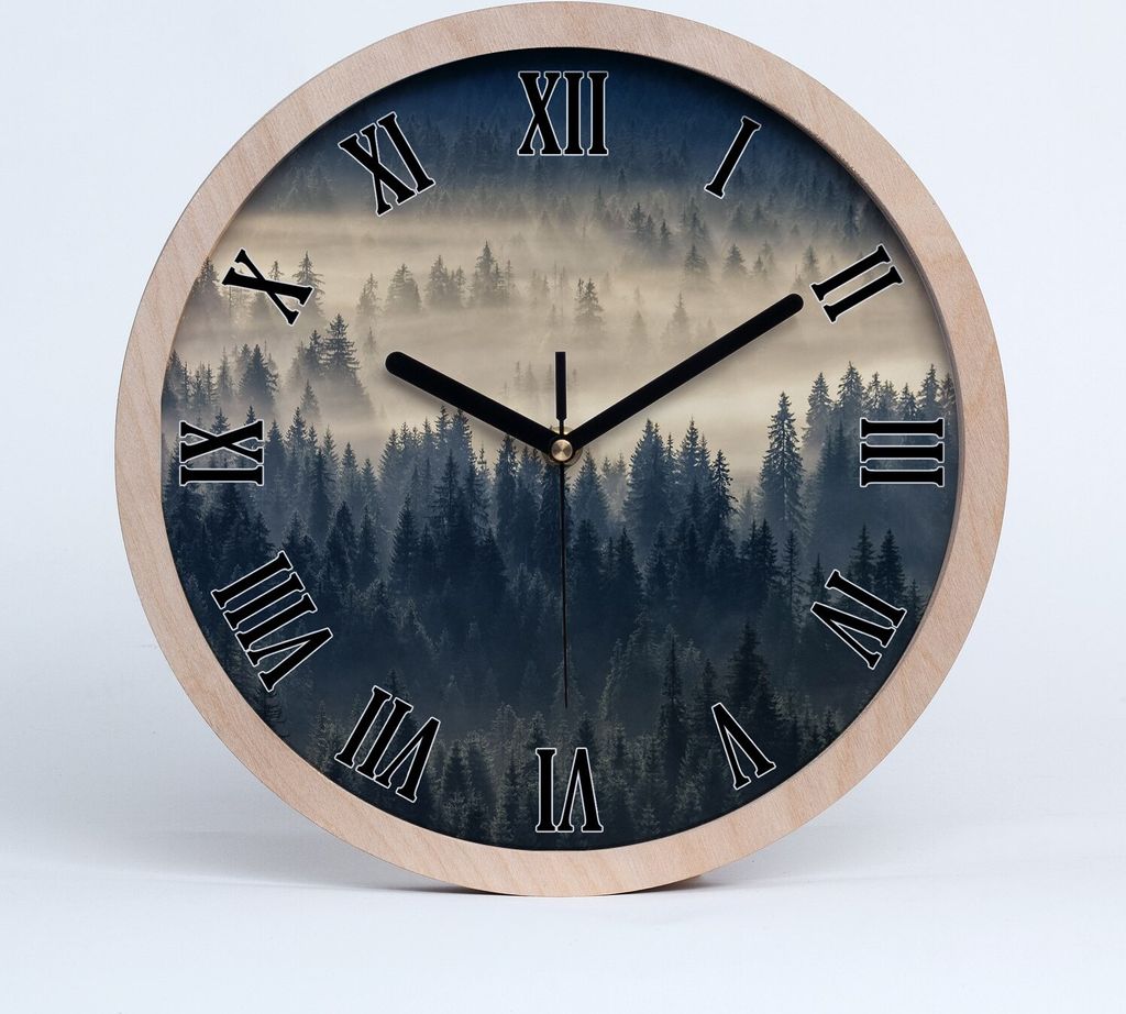 Holzuhr 30fi cm wanduhr - schwarze Spitzen - Nebel in den Wald über