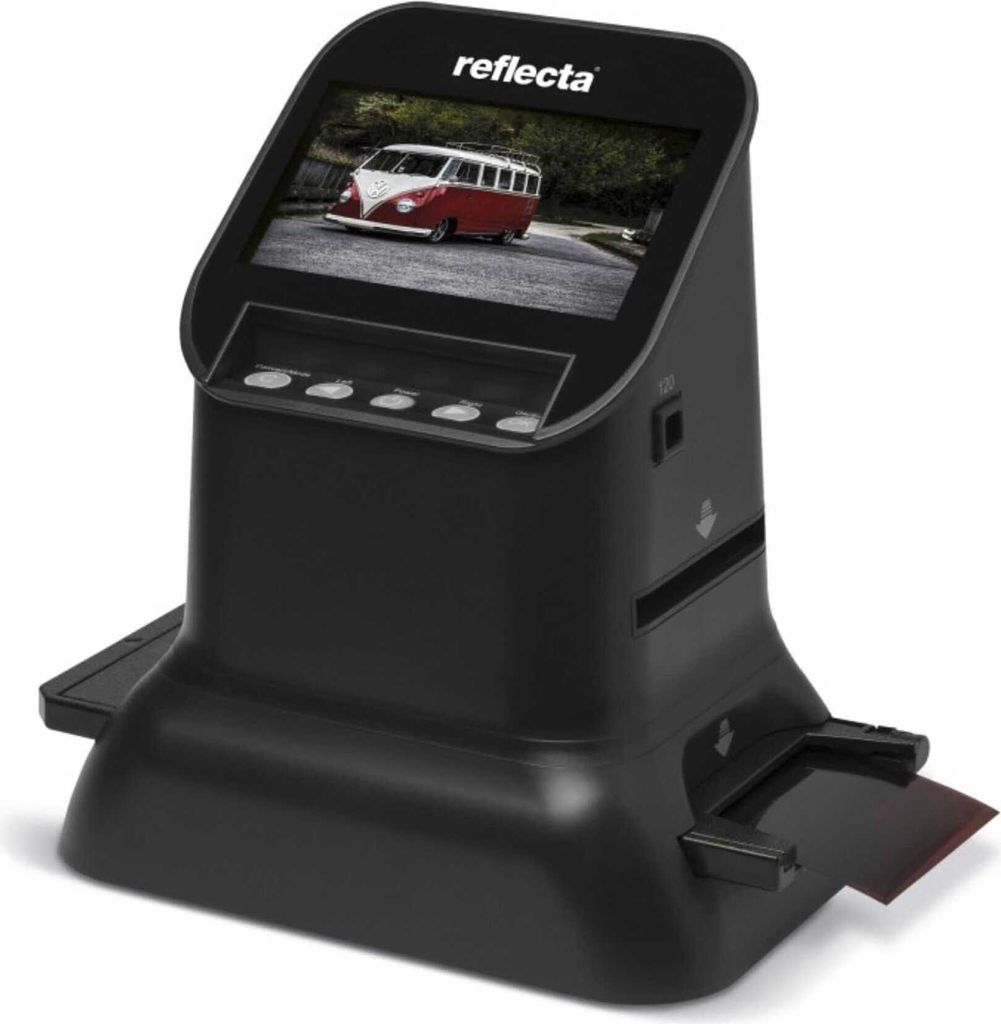 A black digital film scanner with a screen displaying an image of a vintage van.