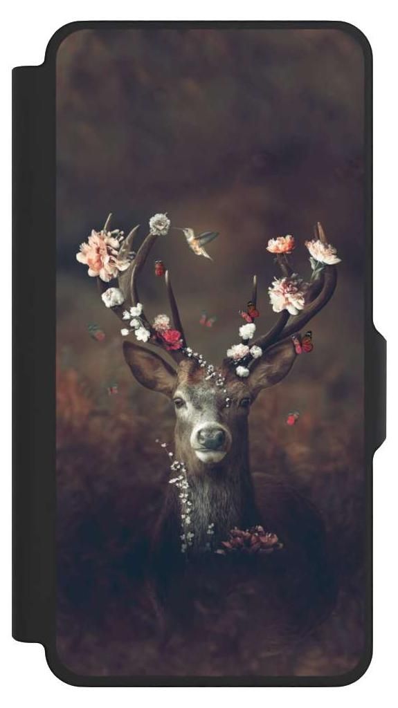 NIVOCASE Klapphülle für Samsung Galaxy S26+ Handyhülle aus Kunst Leder NIVOflip schwarz Blumen Rehe Rentier