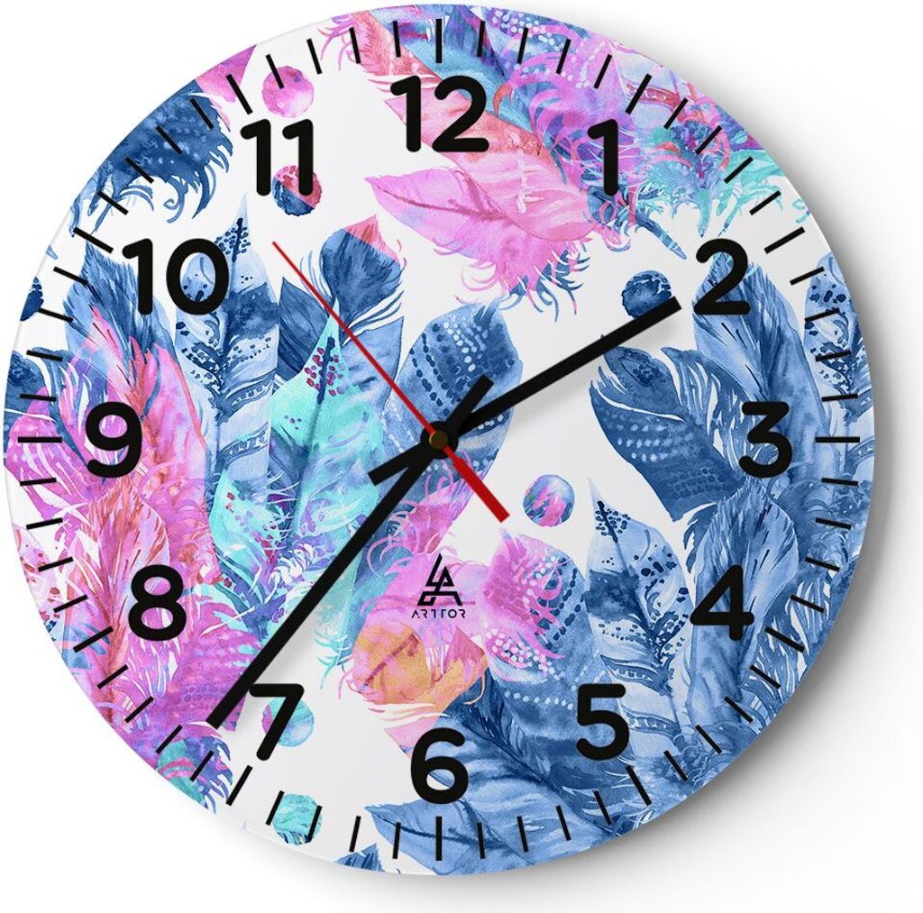 Wanduhr - Rund - Glasuhr - Federn Vögel Bunt Komposition - 40x40cm - Schleichendes Uhrwerk - Lautlos - zum Aufhängen bereit - Dekoration Modern -...