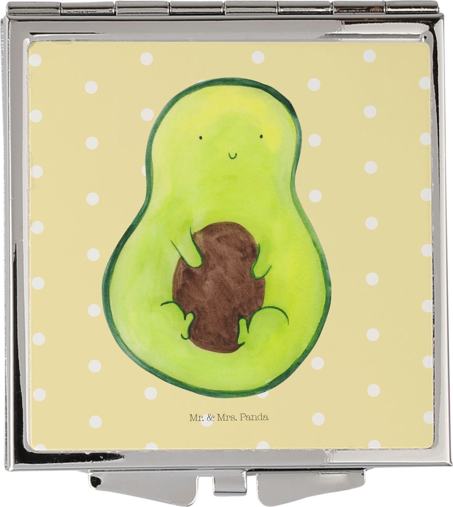 Mr. & Mrs. Panda Schminkspiegel Avocado Kern - Gelb Pastell - Geschenk, Kosmetikspiegel, Pflanze, Taschenspiegel, glücklich, Quadratischer Spiegel...