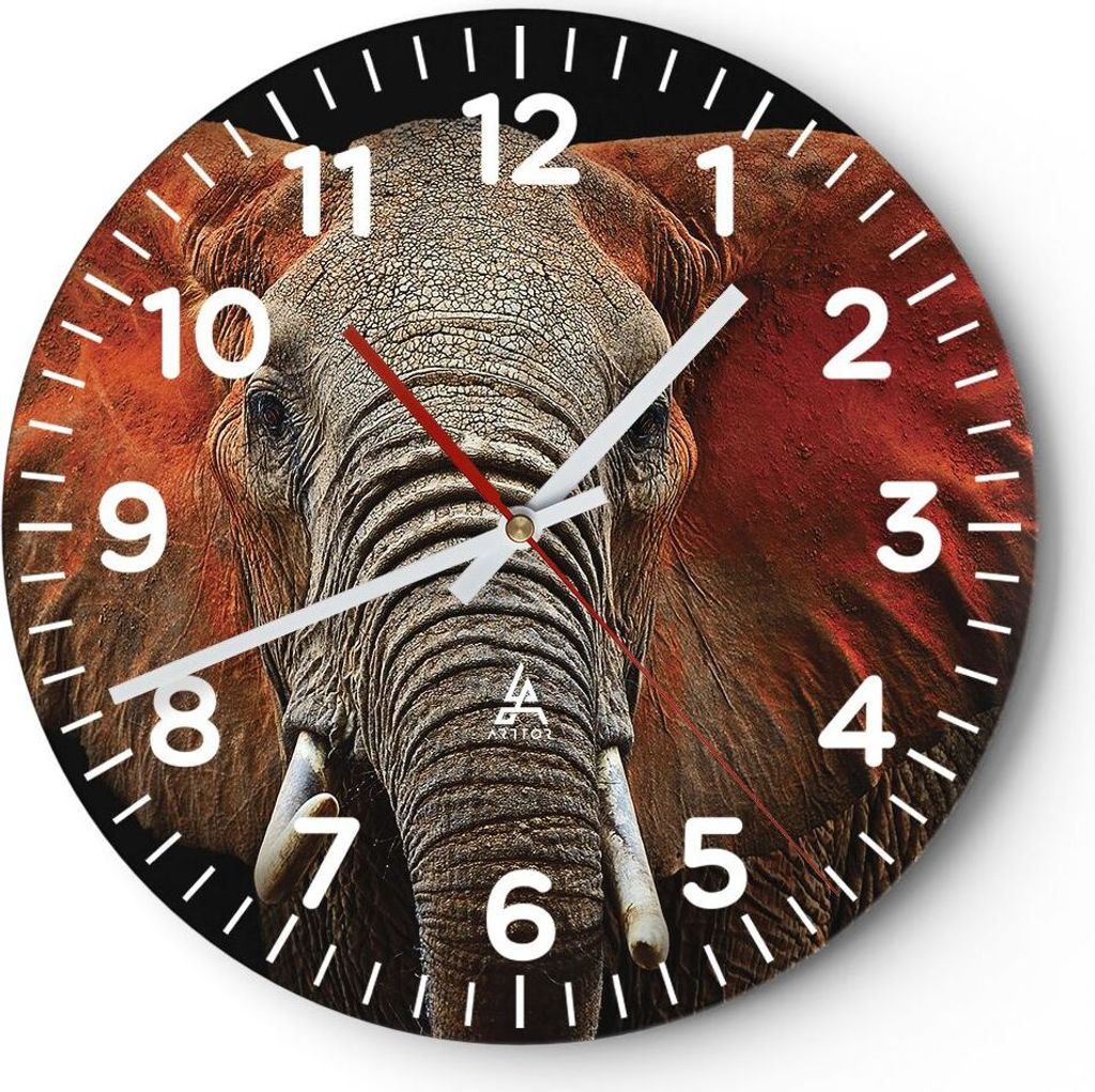 Wanduhr - Rund - Glasuhr - Elefant Rot Ohren - 30x30cm - Schleichendes Uhrwerk - Lautlos - zum Aufhängen bereit - Dekoration Modern - Wanddekorati...