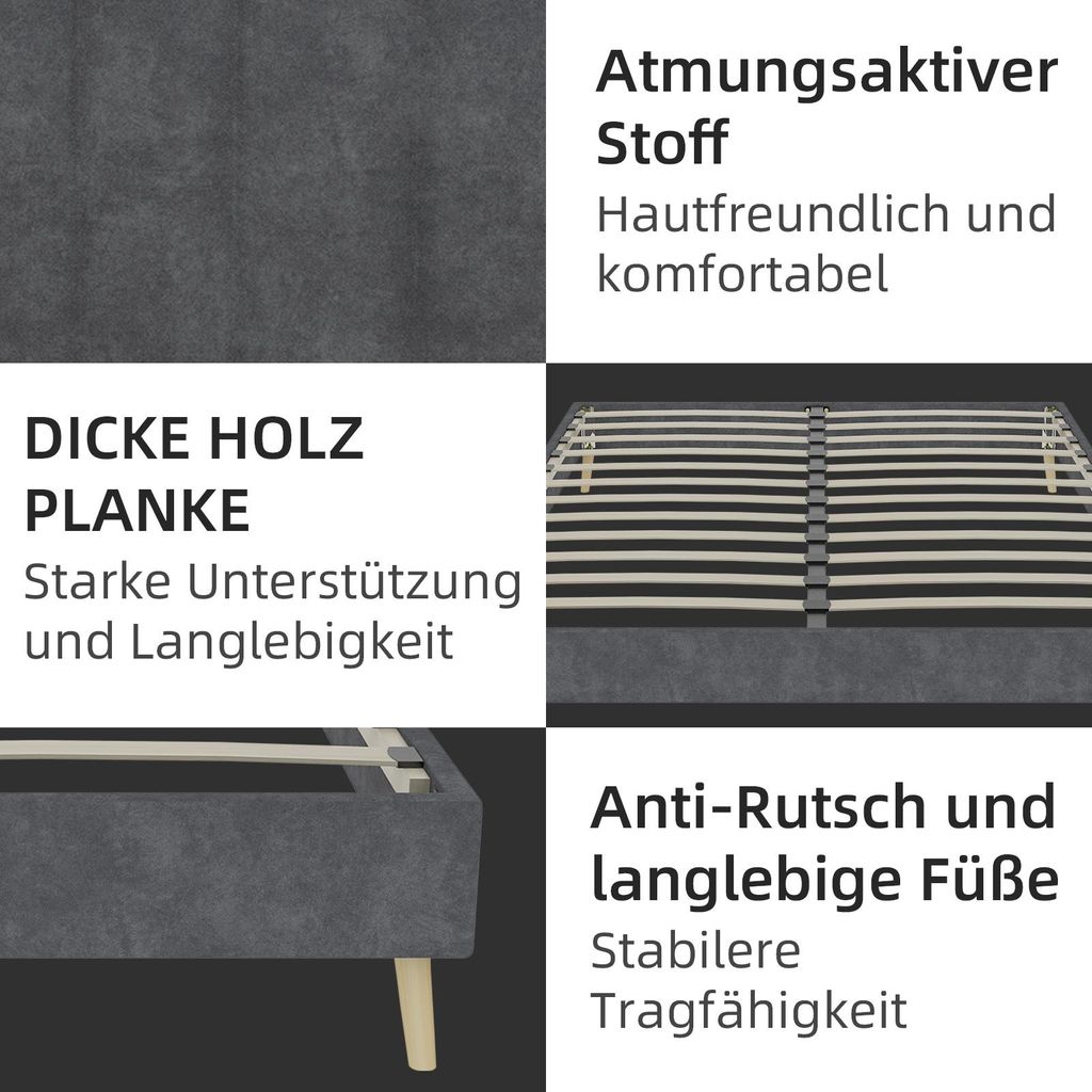Bettgestell 140x200 cm, Dutch Velvet, Grau, minimalistisch, Low Box, 200x140x14 cm