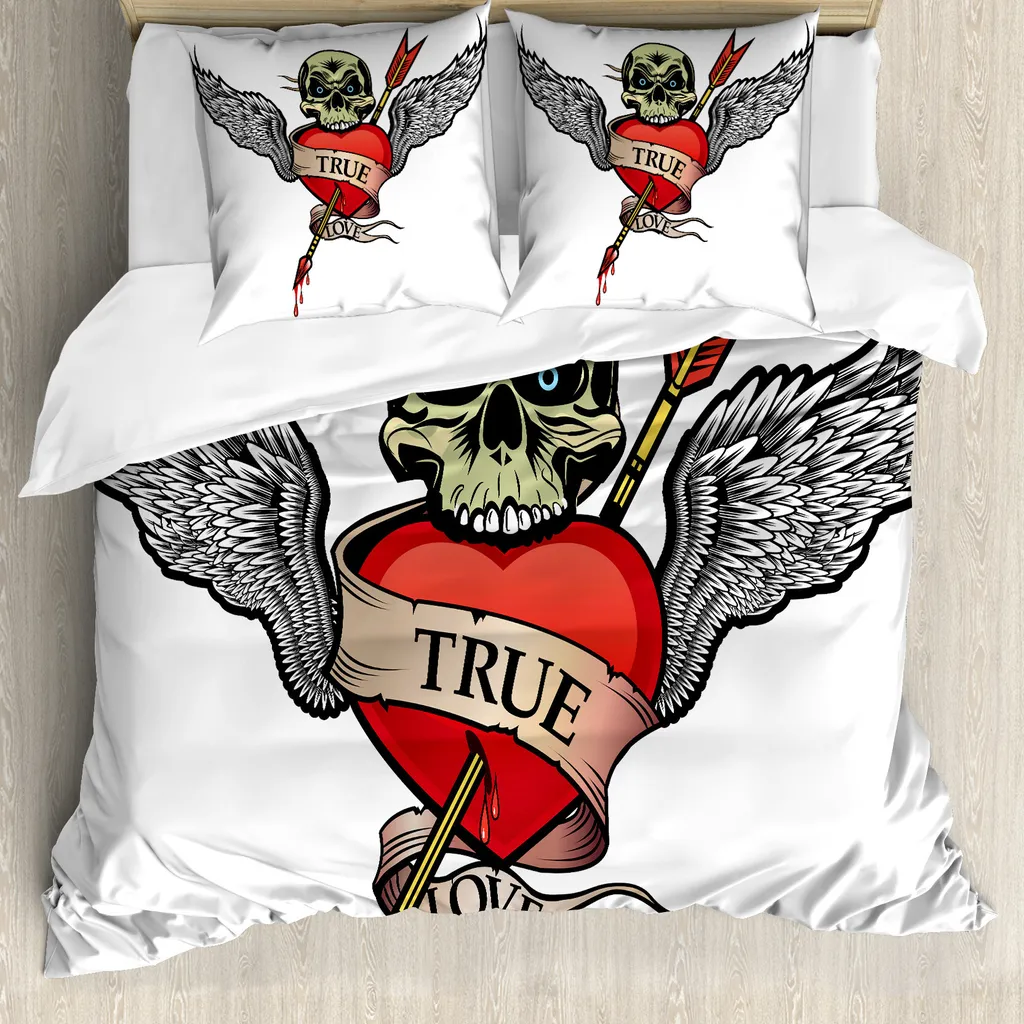 ABAKUHAUS Copripiumino con tatuaggi, ali d'angelo e teschi, antiacaro, adatto a chi soffre di allergie, con federe, 155 cm x 220 cm - 80 x 80 cm, rosso, bianco e nero