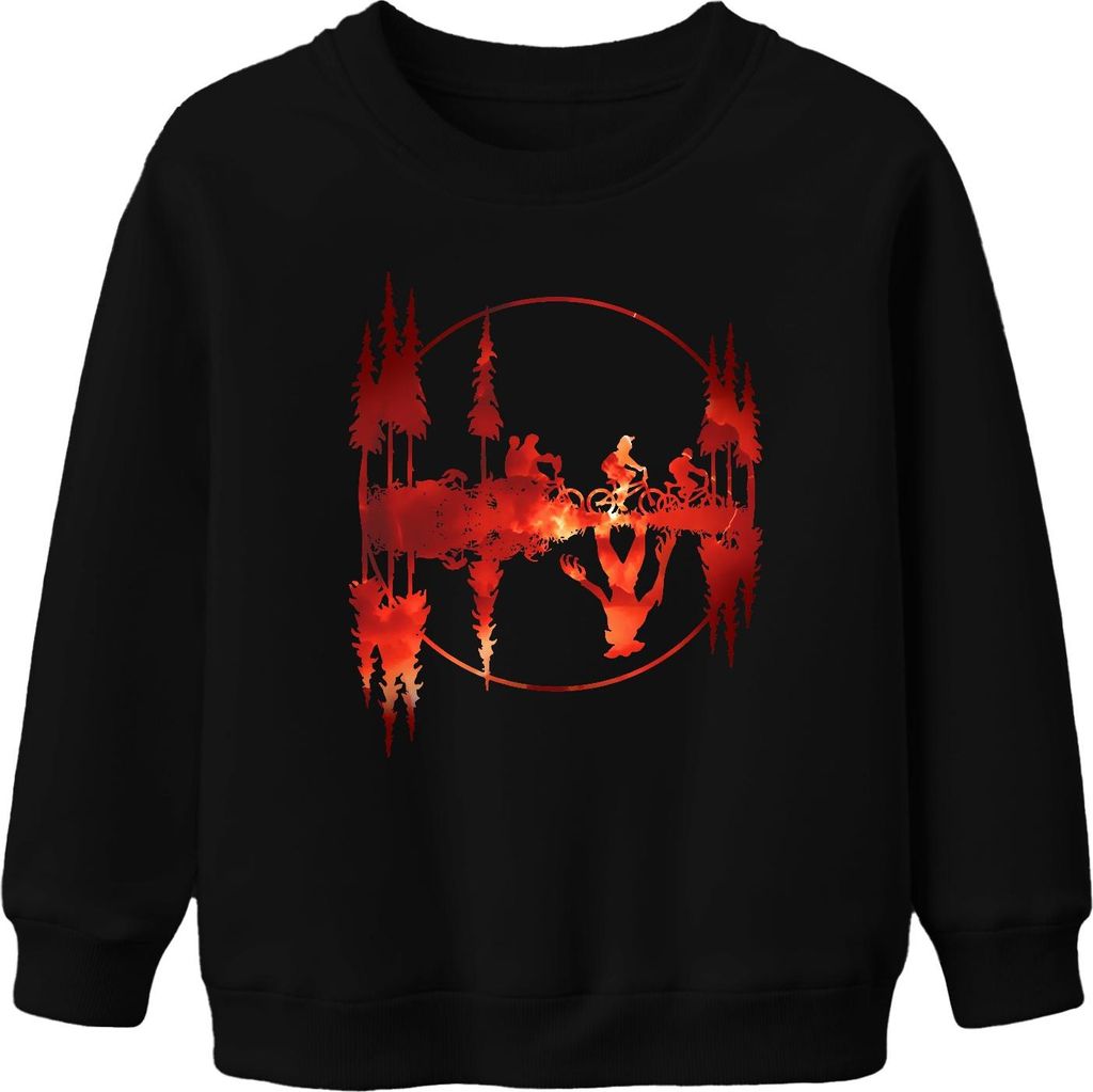 Mountainbike Wald Feuer Spiegelung Stranger Demogorgon Retro Geschenk Uni Kinder Sweatshirt Pullover, Schwarz, 128