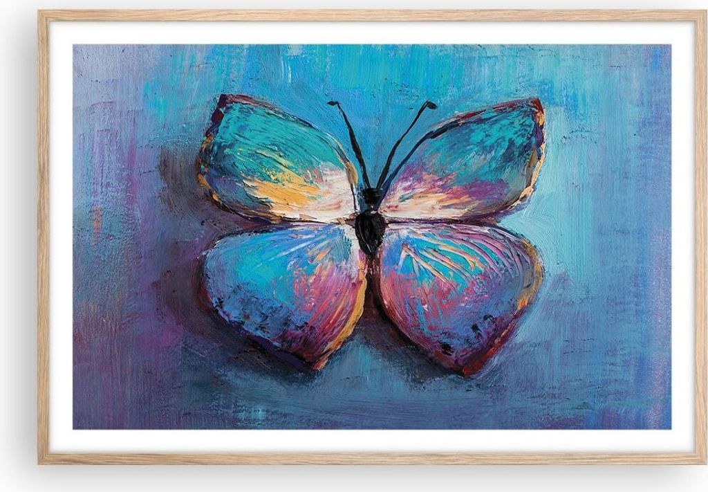 Gerahmtes Poster - Rahmen in heller Eiche - Handschriftlich Schmetterling Blau - 91,5x61 cm - Wand Bild - Wanddeko - Wandbilder - Kunstposter - Wan...