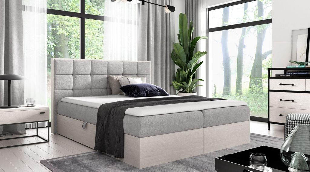 Kontinentales Bett 180x200 CHANTELLE 1 - nordisches Teakholz / Hellgrau + GRATIS Matratzenauflage